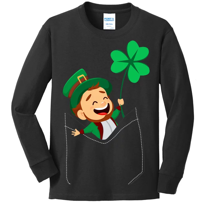 St. Patrick's Day Pocket Leprechaun Clover Kids Long Sleeve Shirt