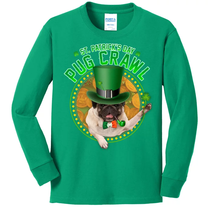 St. Patrick's Day Pug Crawl Funny Irish Pug Kids Long Sleeve Shirt