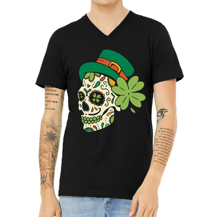 St Patricks Clover Skull V-Neck T-Shirt