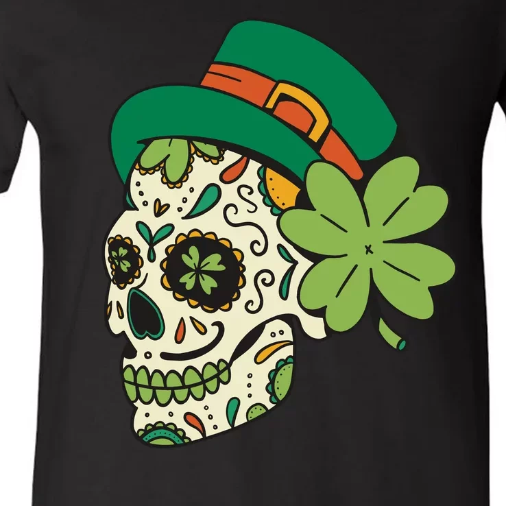 St Patricks Clover Skull V-Neck T-Shirt