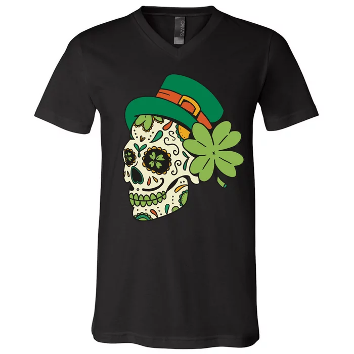 St Patricks Clover Skull V-Neck T-Shirt