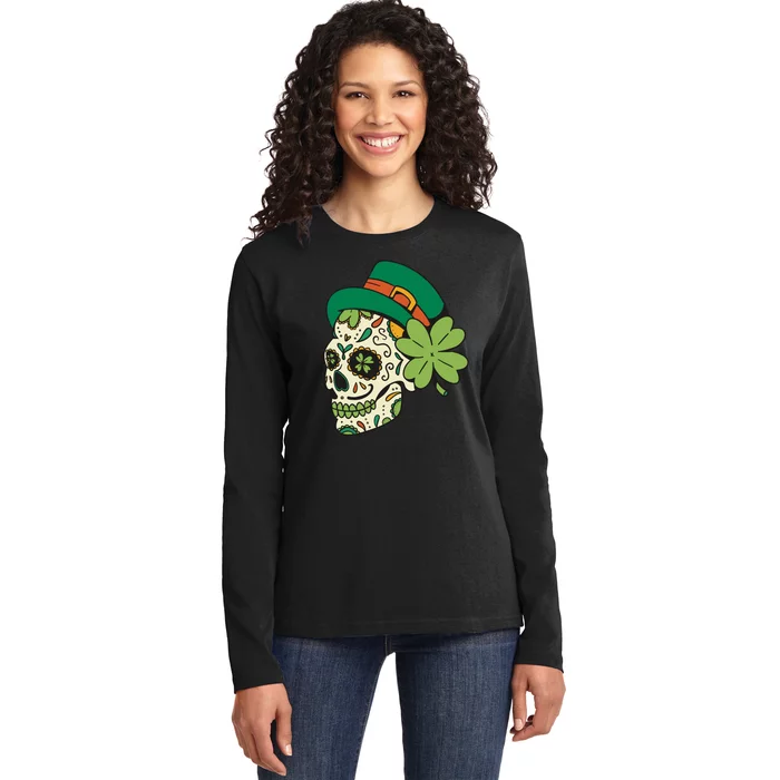 St Patricks Clover Skull Ladies Long Sleeve Shirt