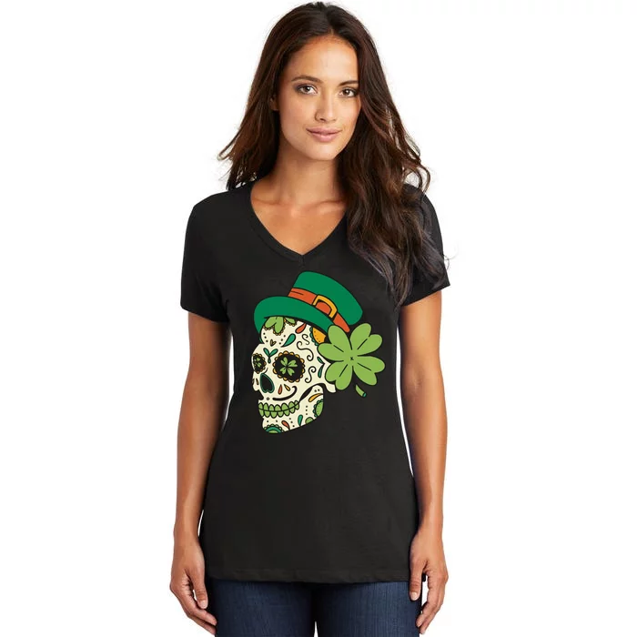 St Patricks Clover Skull Women's V-Neck T-Shirt