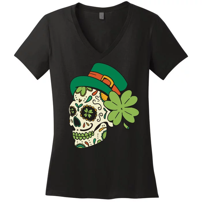 St Patricks Clover Skull Women's V-Neck T-Shirt