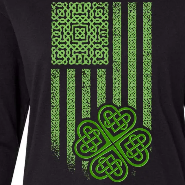 St Patrick's Day Celtic Shamrock US American Flag Womens Cotton Relaxed Long Sleeve T-Shirt