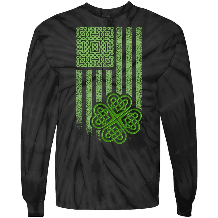 St Patrick's Day Celtic Shamrock US American Flag Tie-Dye Long Sleeve Shirt