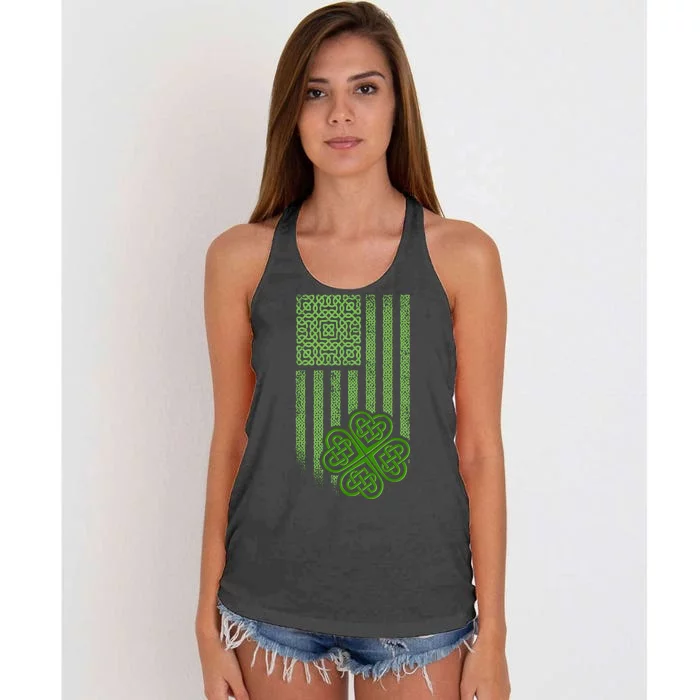 St Patrick's Day Celtic Shamrock US American Flag Women's Knotted Racerback Tank