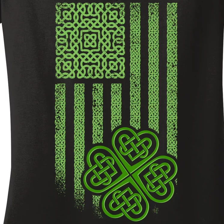 St Patrick's Day Celtic Shamrock US American Flag Women's V-Neck T-Shirt