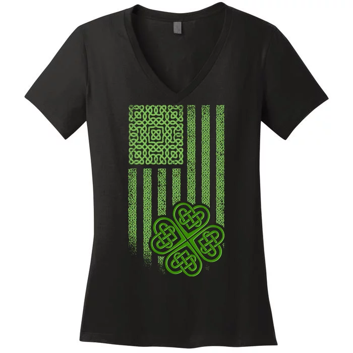 St Patrick's Day Celtic Shamrock US American Flag Women's V-Neck T-Shirt