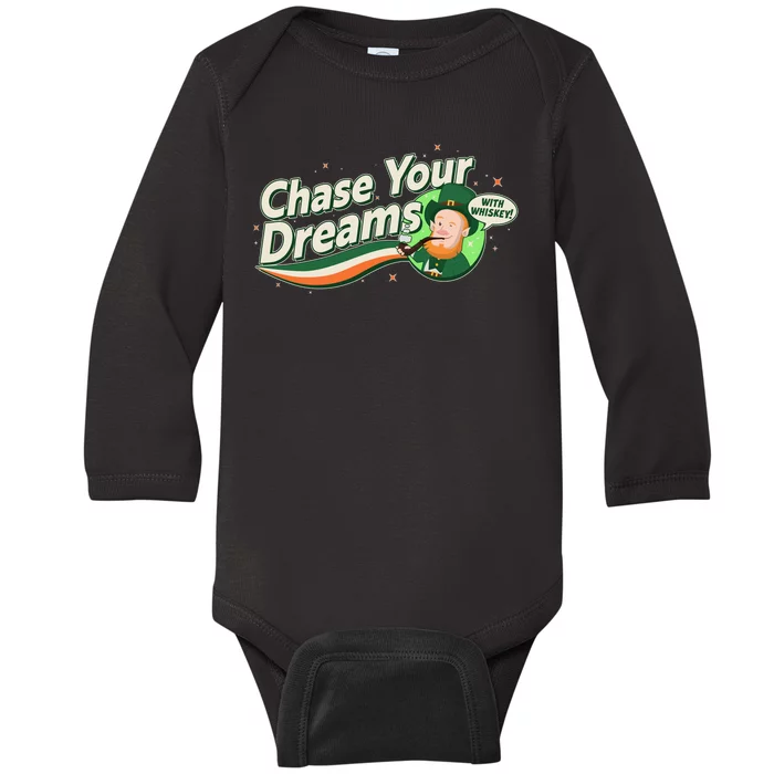 St Patrick's Day Chase Your Dreams With Whiskey Baby Long Sleeve Bodysuit