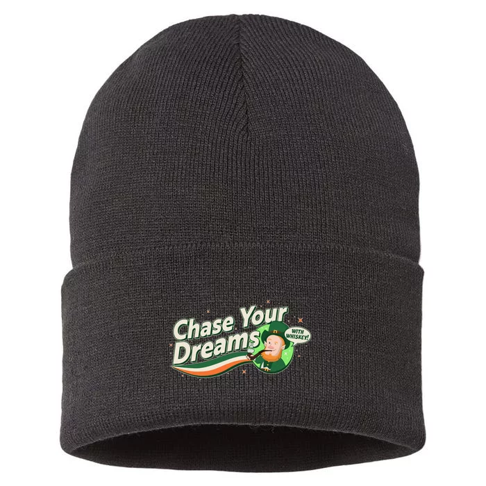 St Patrick's Day Chase Your Dreams With Whiskey Sustainable Knit Beanie