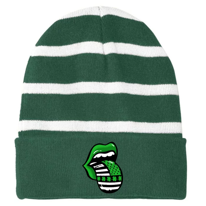 St Patricks Day Irish American Shamrock Flag Paddy Striped Beanie with Solid Band