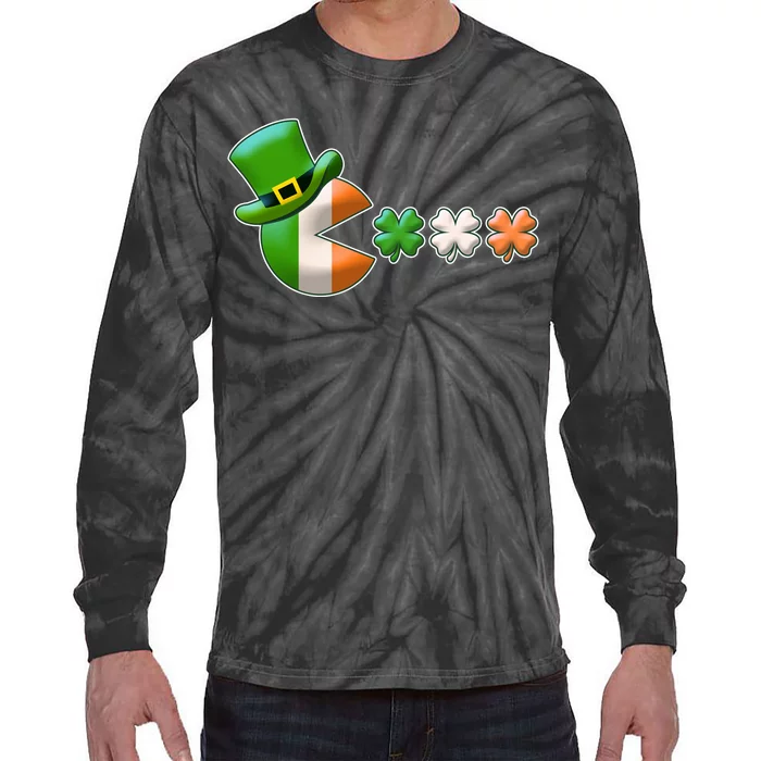 St Patrick's Day Irish Flag Pac Man Shamrocks Tie-Dye Long Sleeve Shirt