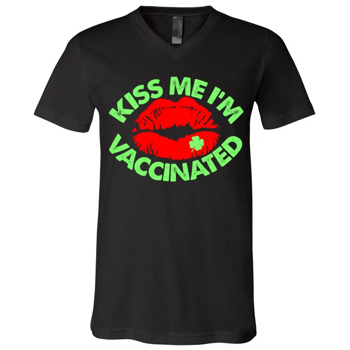 St Patrick's Day Kiss Me I'm Vaccinated Lipstick Shamrock V-Neck T-Shirt