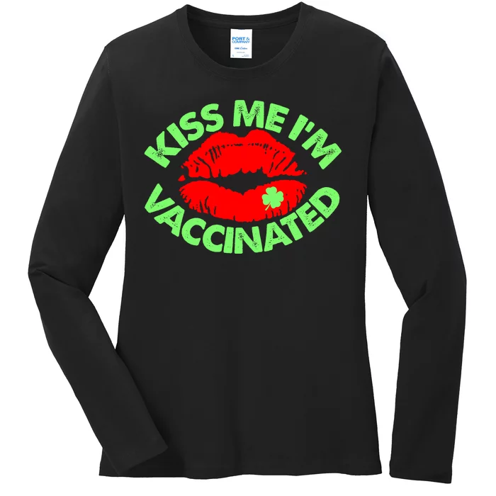 St Patrick's Day Kiss Me I'm Vaccinated Lipstick Shamrock Ladies Long Sleeve Shirt