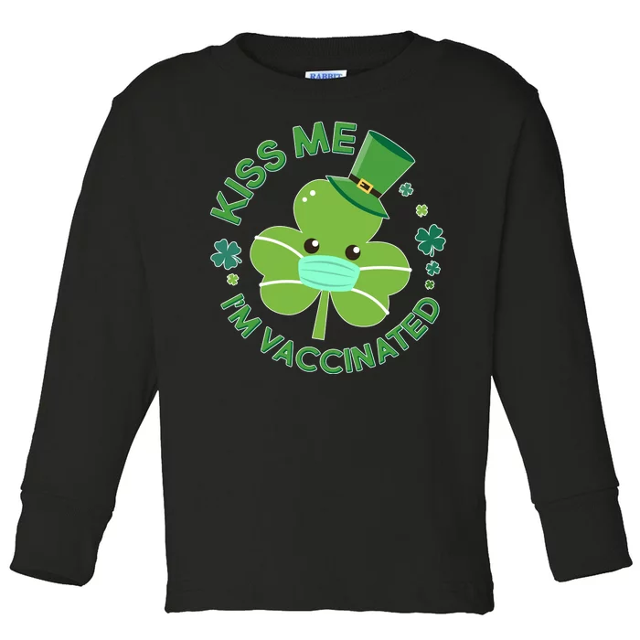 St Patrick's Day Kiss Me I'm Vaccinated Shamrock Toddler Long Sleeve Shirt