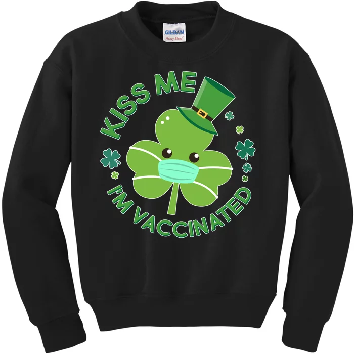 St Patrick's Day Kiss Me I'm Vaccinated Shamrock Kids Sweatshirt