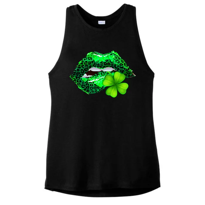 St Patrick's Day Leopard Print Lipstick Shamrock Ladies Tri-Blend Wicking Tank