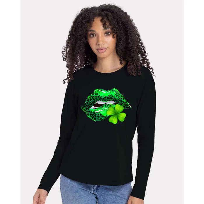 St Patrick's Day Leopard Print Lipstick Shamrock Womens Cotton Relaxed Long Sleeve T-Shirt