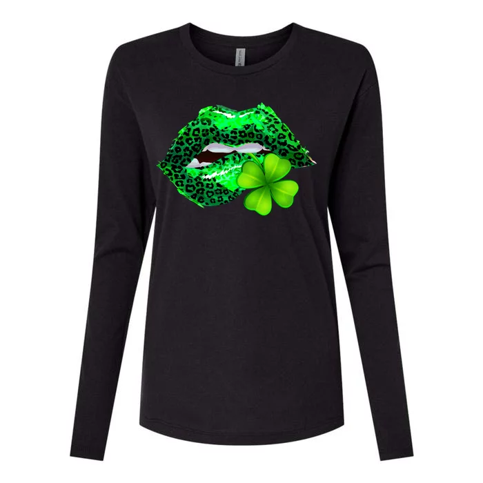 St Patrick's Day Leopard Print Lipstick Shamrock Womens Cotton Relaxed Long Sleeve T-Shirt