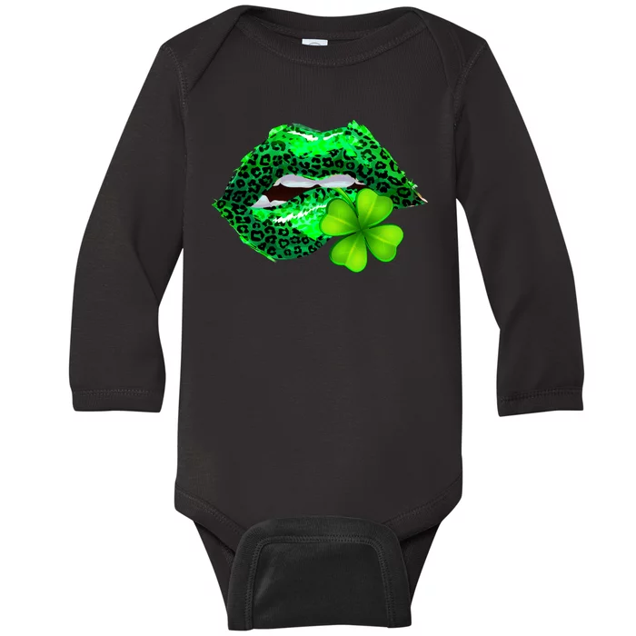 St Patrick's Day Leopard Print Lipstick Shamrock Baby Long Sleeve Bodysuit