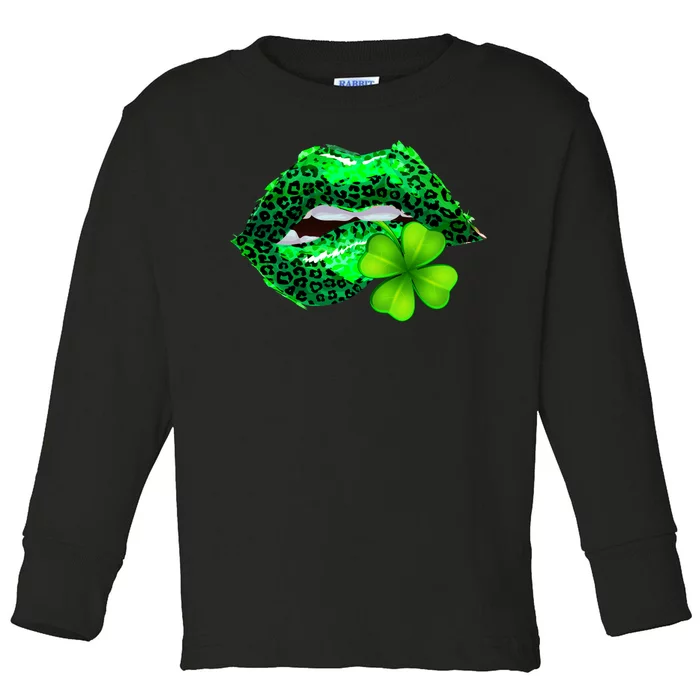 St Patrick's Day Leopard Print Lipstick Shamrock Toddler Long Sleeve Shirt