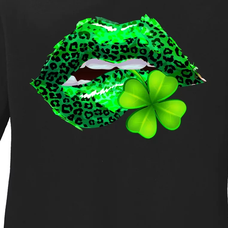 St Patrick's Day Leopard Print Lipstick Shamrock Ladies Long Sleeve Shirt