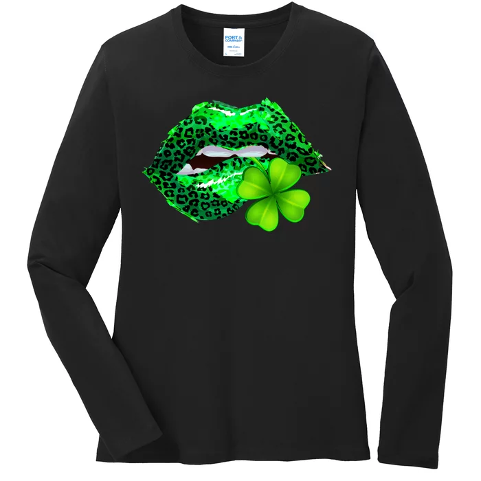 St Patrick's Day Leopard Print Lipstick Shamrock Ladies Long Sleeve Shirt