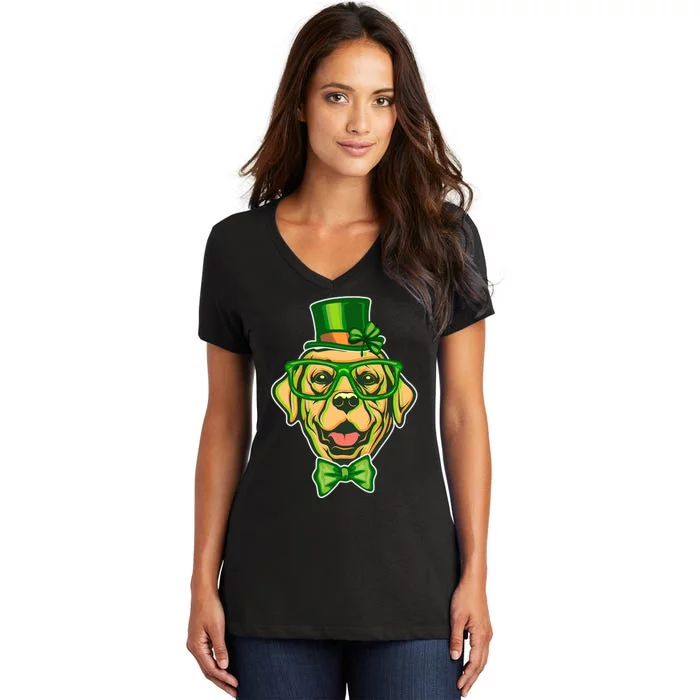 St Patrick's Day Lucky Golden Retriever Dog Women's V-Neck T-Shirt