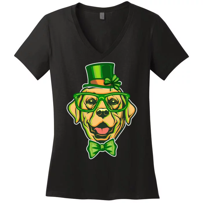 St Patrick's Day Lucky Golden Retriever Dog Women's V-Neck T-Shirt