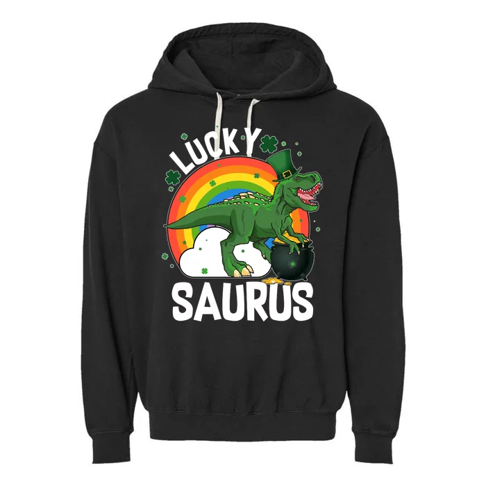 St Patrick's Day Lucky Saurus T-Rex With Pot Of Gold Garment-Dyed Fleece Hoodie