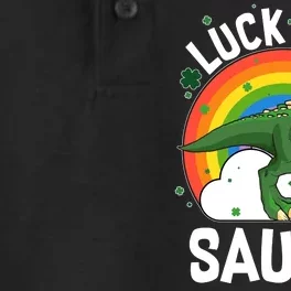 St Patrick's Day Lucky Saurus T-Rex With Pot Of Gold Dry Zone Grid Performance Polo