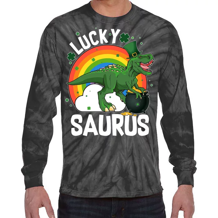 St Patrick's Day Lucky Saurus T-Rex With Pot Of Gold Tie-Dye Long Sleeve Shirt