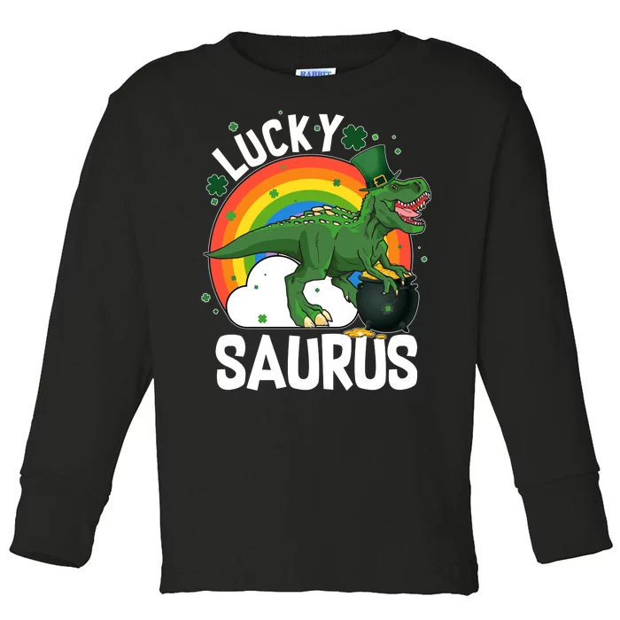 St Patrick's Day Lucky Saurus T-Rex With Pot Of Gold Toddler Long Sleeve Shirt