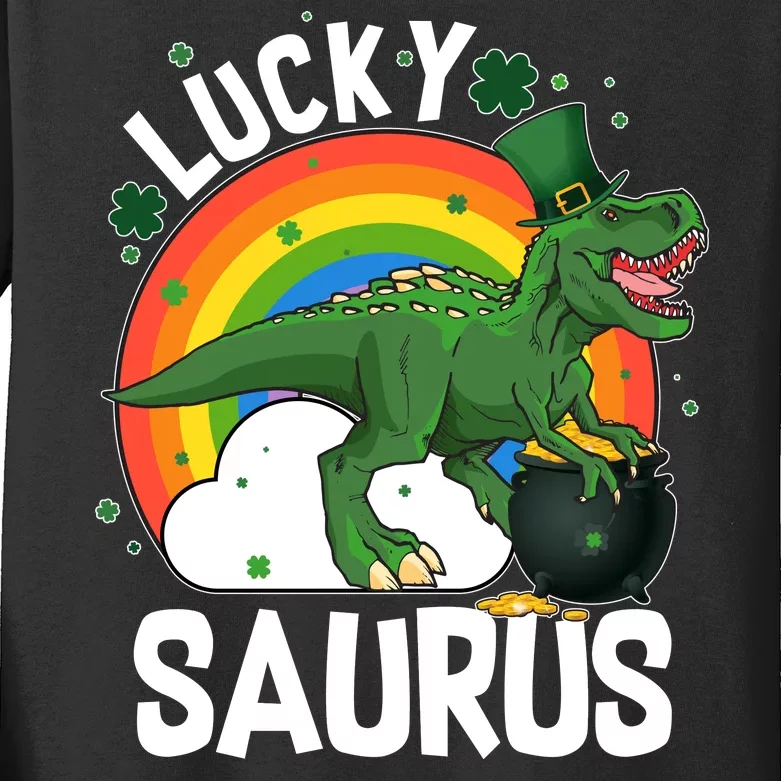 St Patrick's Day Lucky Saurus T-Rex With Pot Of Gold Kids Long Sleeve Shirt