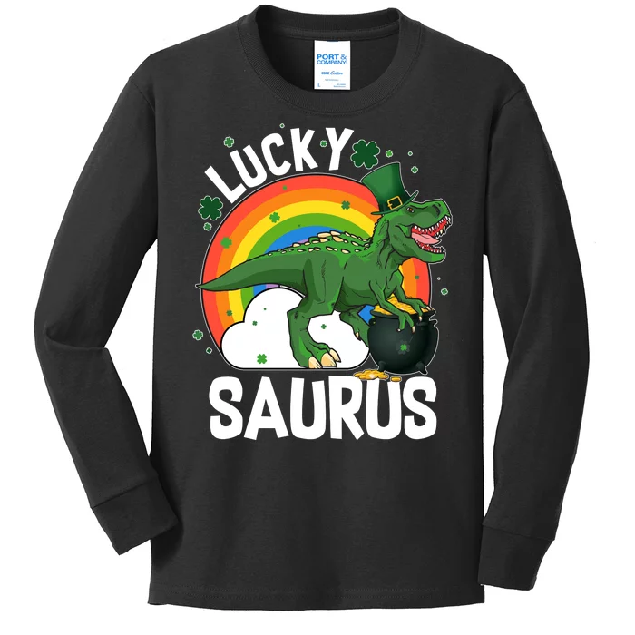 St Patrick's Day Lucky Saurus T-Rex With Pot Of Gold Kids Long Sleeve Shirt