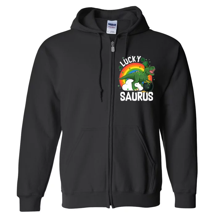 St Patrick's Day Lucky Saurus T-Rex With Pot Of Gold Full Zip Hoodie