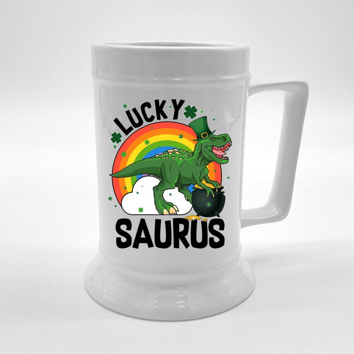 St Patrick's Day Lucky Saurus T-Rex With Pot Of Gold Front & Back Beer Stein