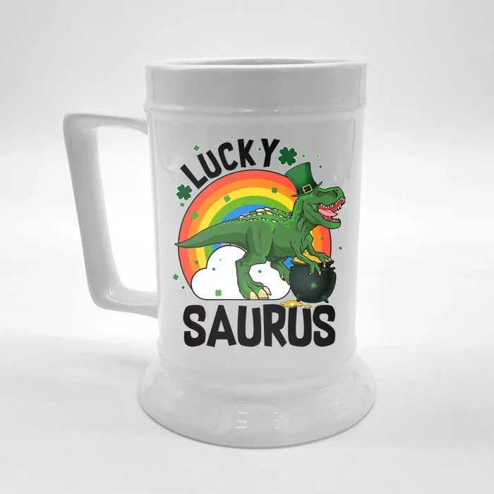 St Patrick's Day Lucky Saurus T-Rex With Pot Of Gold Front & Back Beer Stein