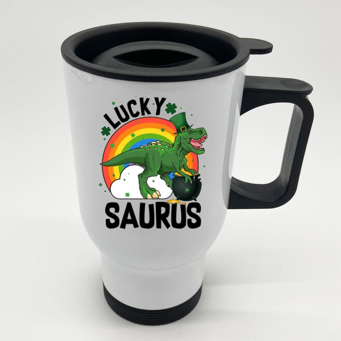 St Patrick's Day Lucky Saurus T-Rex With Pot Of Gold Front & Back Stainless Steel Travel Mug