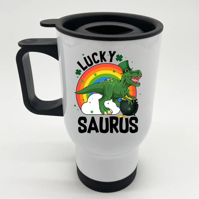 St Patrick's Day Lucky Saurus T-Rex With Pot Of Gold Front & Back Stainless Steel Travel Mug