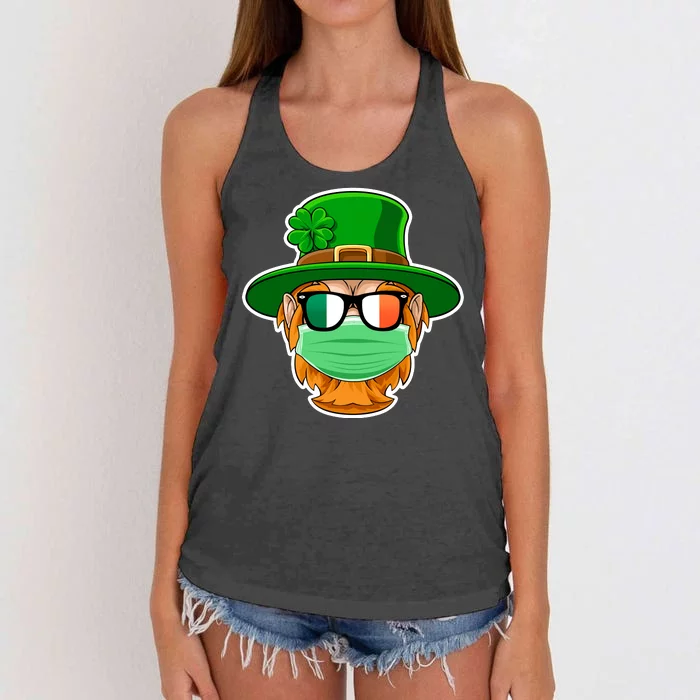 St Patrick's Day Quarantine Leprechaun With Mask Women's Knotted Racerback Tank