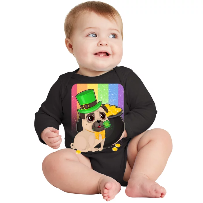 St Patrick's Pug Pot Of Gold Baby Long Sleeve Bodysuit