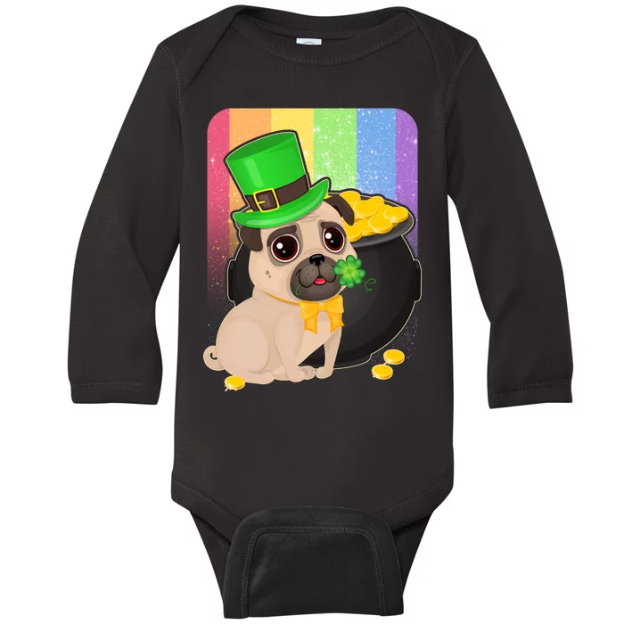 St Patrick's Pug Pot Of Gold Baby Long Sleeve Bodysuit