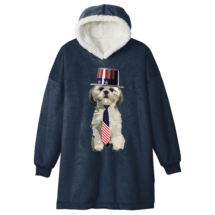 Shih Tzu 4th Of July Dog In Top Hat And Tie Hooded Wearable Blanket