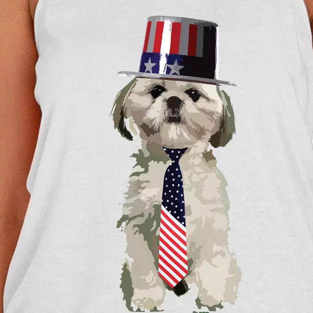 Shih Tzu 4th Of July Dog In Top Hat And Tie Women's Knotted Racerback Tank