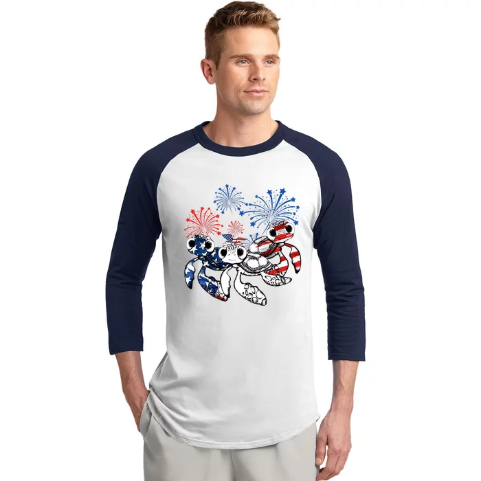 Sea Turtles 4th Of July American Usa Flag Patriotic Baseball Sleeve Shirt