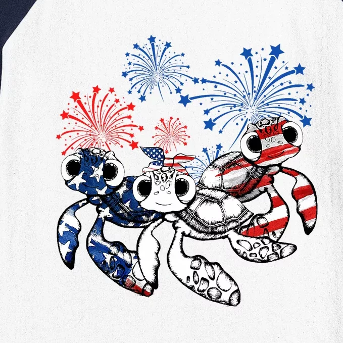 Sea Turtles 4th Of July American Usa Flag Patriotic Baseball Sleeve Shirt