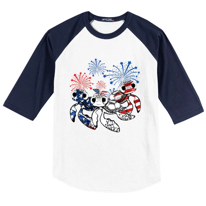 Sea Turtles 4th Of July American Usa Flag Patriotic Baseball Sleeve Shirt