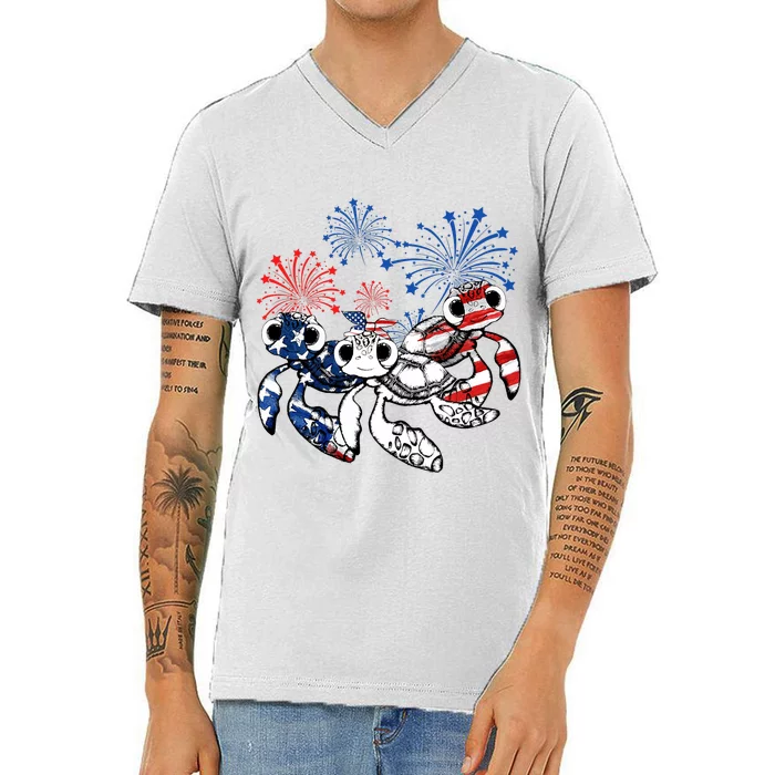 Sea Turtles 4th Of July American Usa Flag Patriotic V-Neck T-Shirt